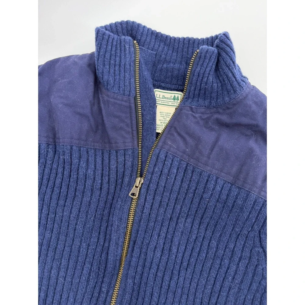 LL Bean Mens Commando Sweater Navy Blue Merino Lambswool Full Zip Cardigan M-REG